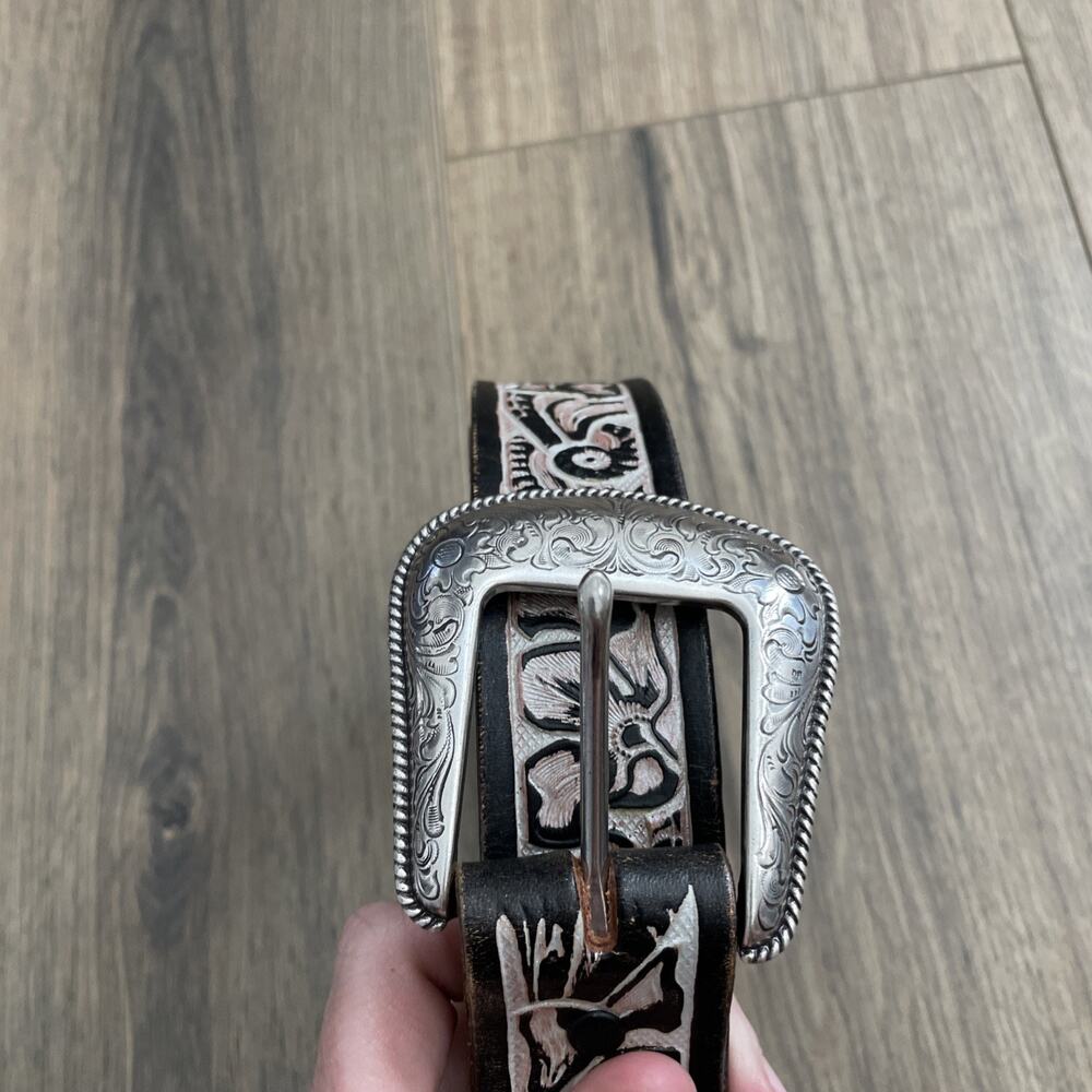 Jose Luis Black Genuine Leather Tooled Western Belt SIZE 36 silver buckle